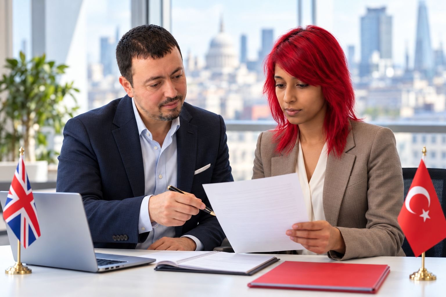 Certified English Turkish Translation consultants reviewing documents in London English–Turkish translation professionals reviewing a document beside UK and Turkish flags in a London office